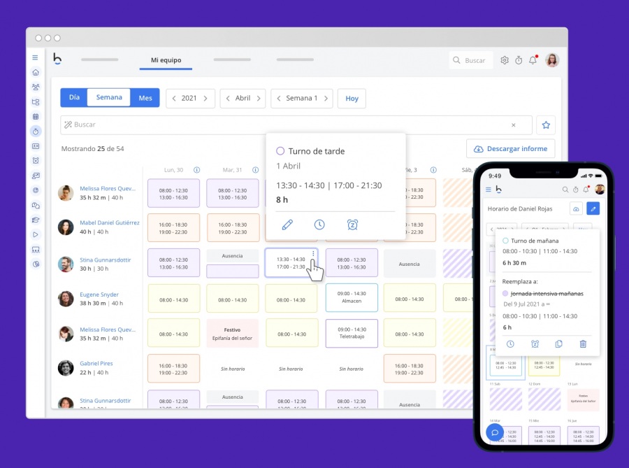 Bizneo HR Gestión de turnos de trabajo: cuadrante de horarios
