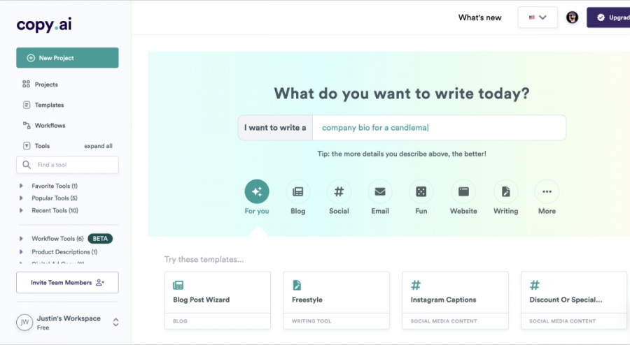 Herramienta IA para escribir texto2: Copy.ai